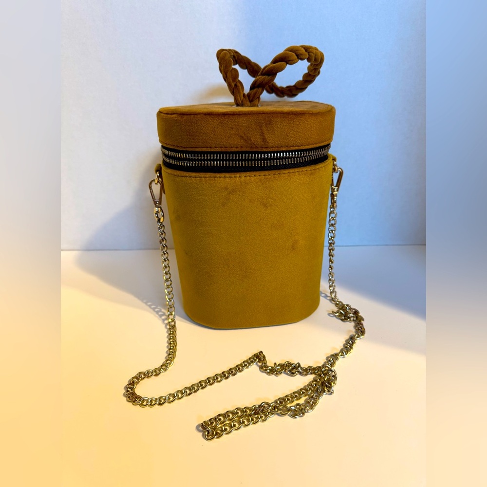 Gorgeous Suede Canister Bag - Gold Chain/Suede Braided Wristlet Statement Piece